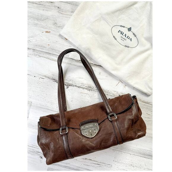 Prada Chocolate Brown Leather Cervo Antik Easy Foldover Pushlock Shoulder Purse - Picture 2 of 14